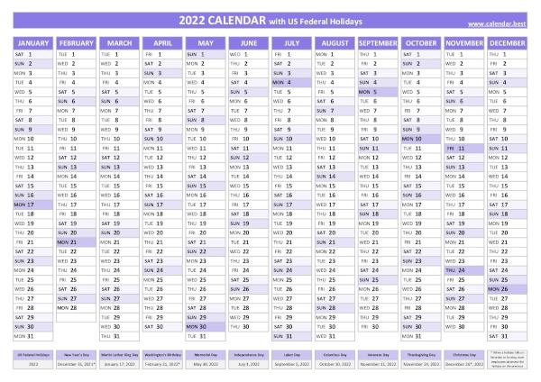 2022 yearly calendar with holidays