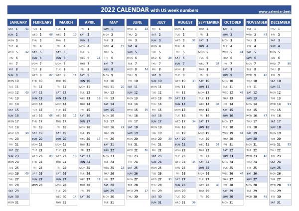 2022 yearly calendar with week numbers