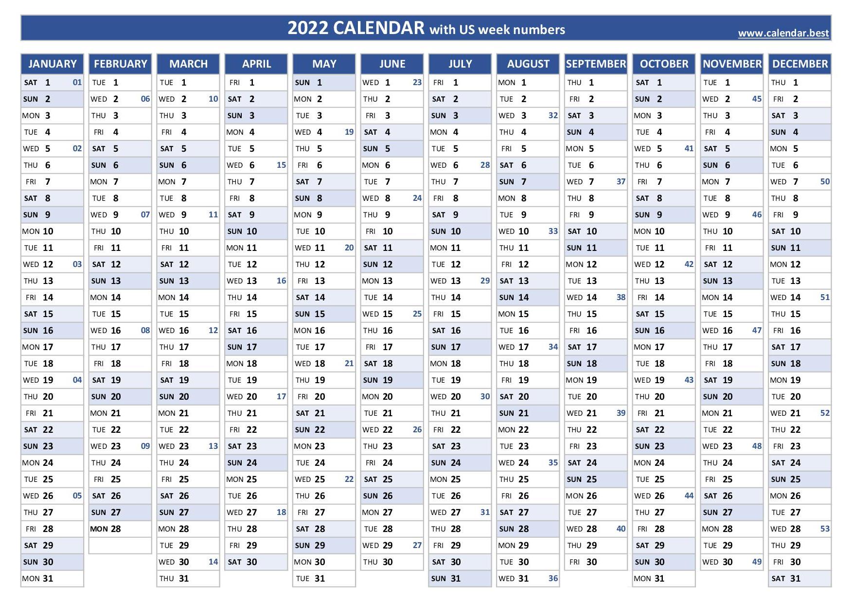 2022 Calendar With Week Numbers (Us And Iso Week Numbers) .