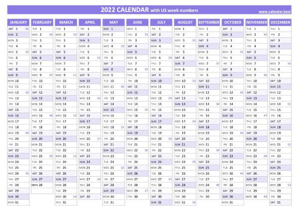 2022 calendar with week numbers