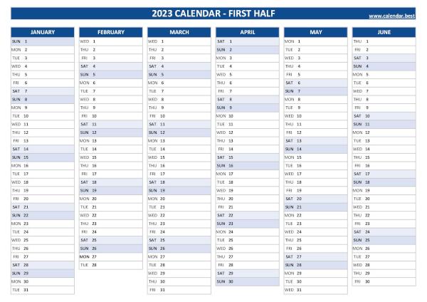 Blank calendar for first half 2023