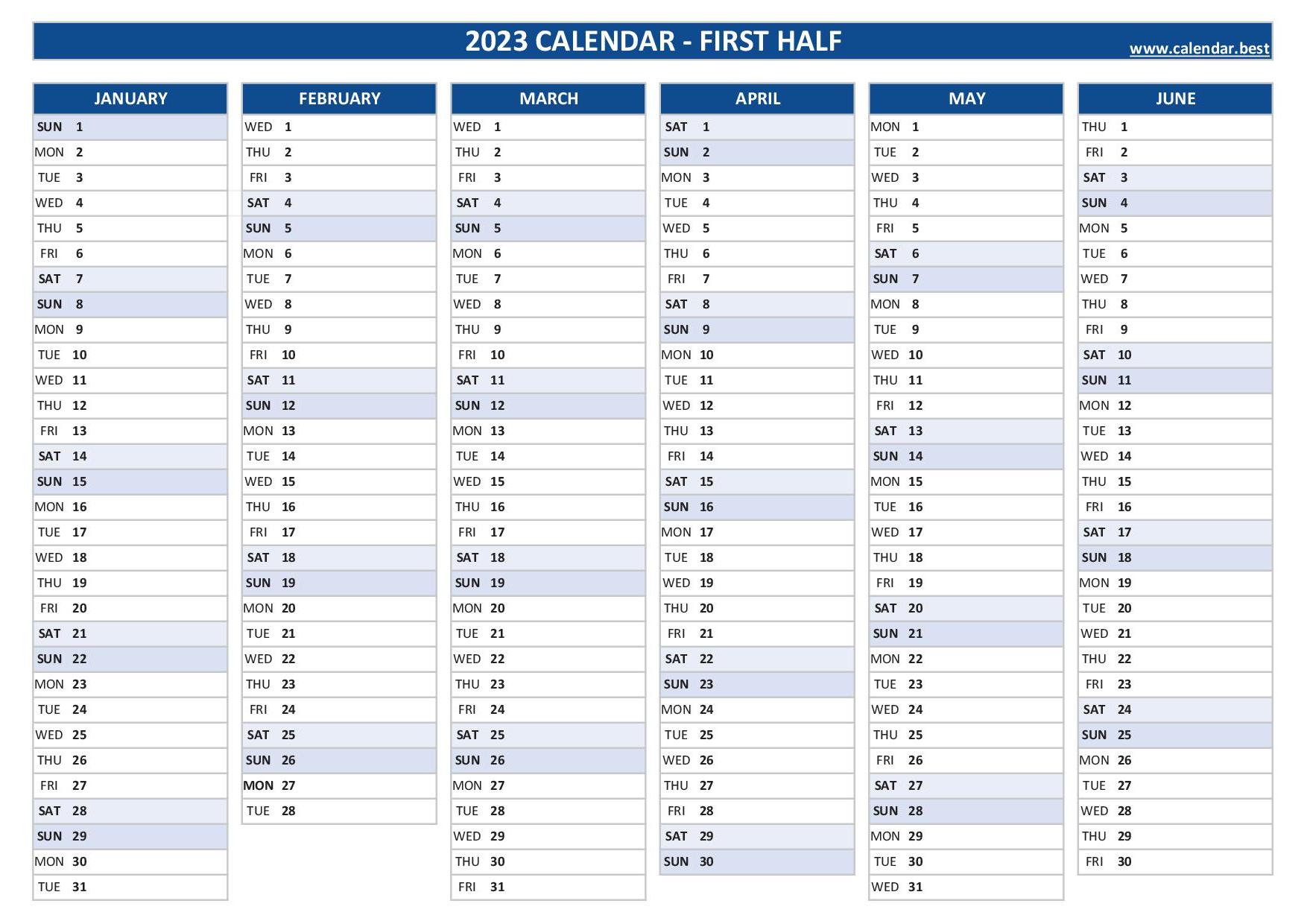 2023 Half Year Calendar To Print 2023 Half Year Calendar To Print