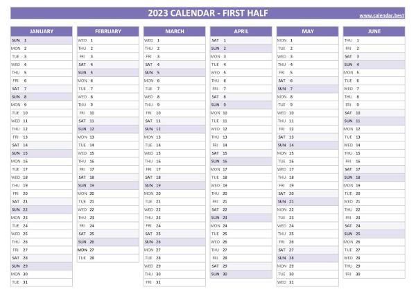 Blank calendar for first half 2023