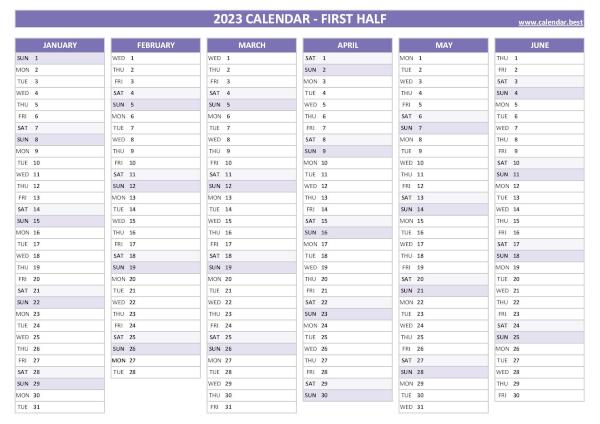 Calendar for the first 6 months of 2023 to print for free, blank version, purple template, A4 landscape format Blank calendar for first half 2023