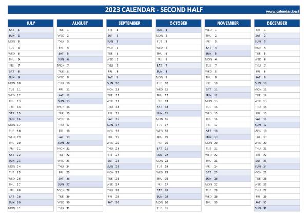 Calendar for the last 6 months of 2023 to print for free, blank version, blue template, A4 landscape format Blank calendar for second half 2023