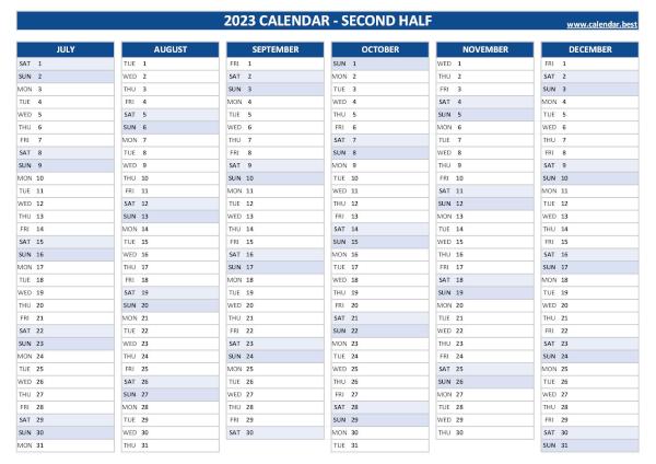 Blank calendar for second half 2023