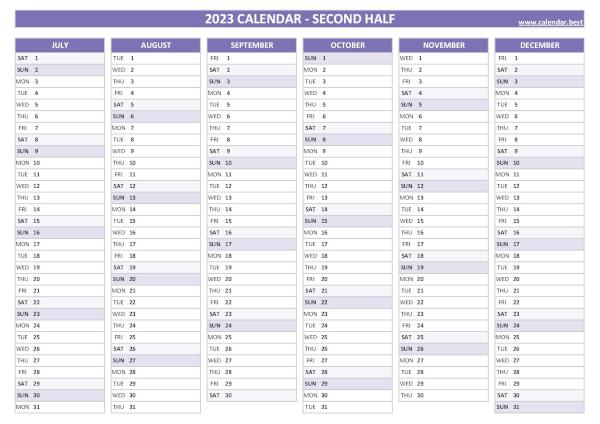 Calendar for the last 6 months of 2023 to print for free, blank version, purple template, A4 landscape format Blank calendar for second half 2023