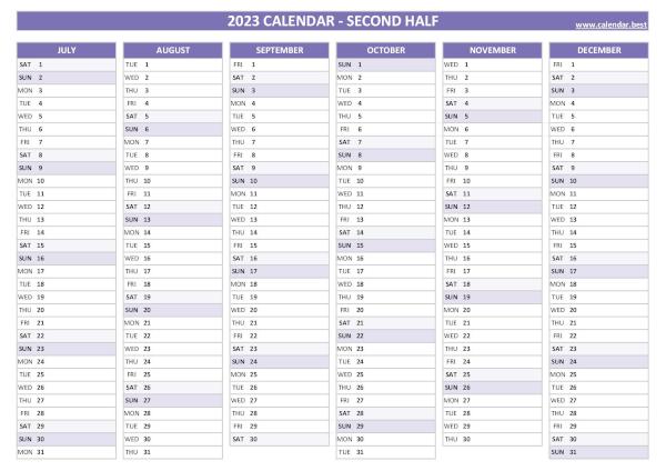 Blank calendar for second half 2023