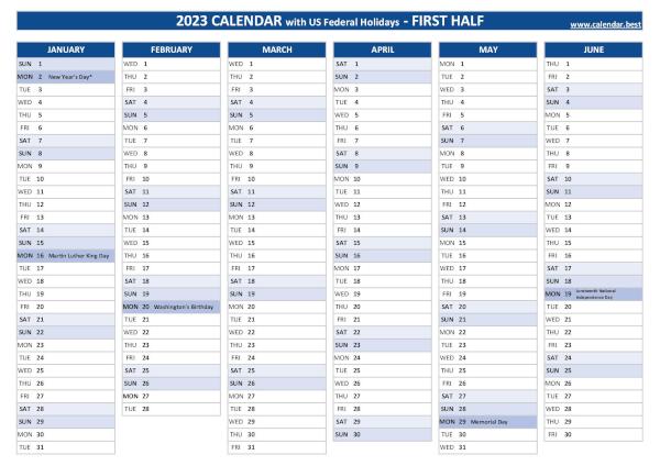 First half year calendar 2023 with holidays