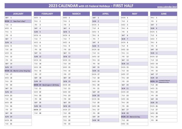 1st half 2023 calendar with holidays to print, purple template First half year calendar 2023 with holidays