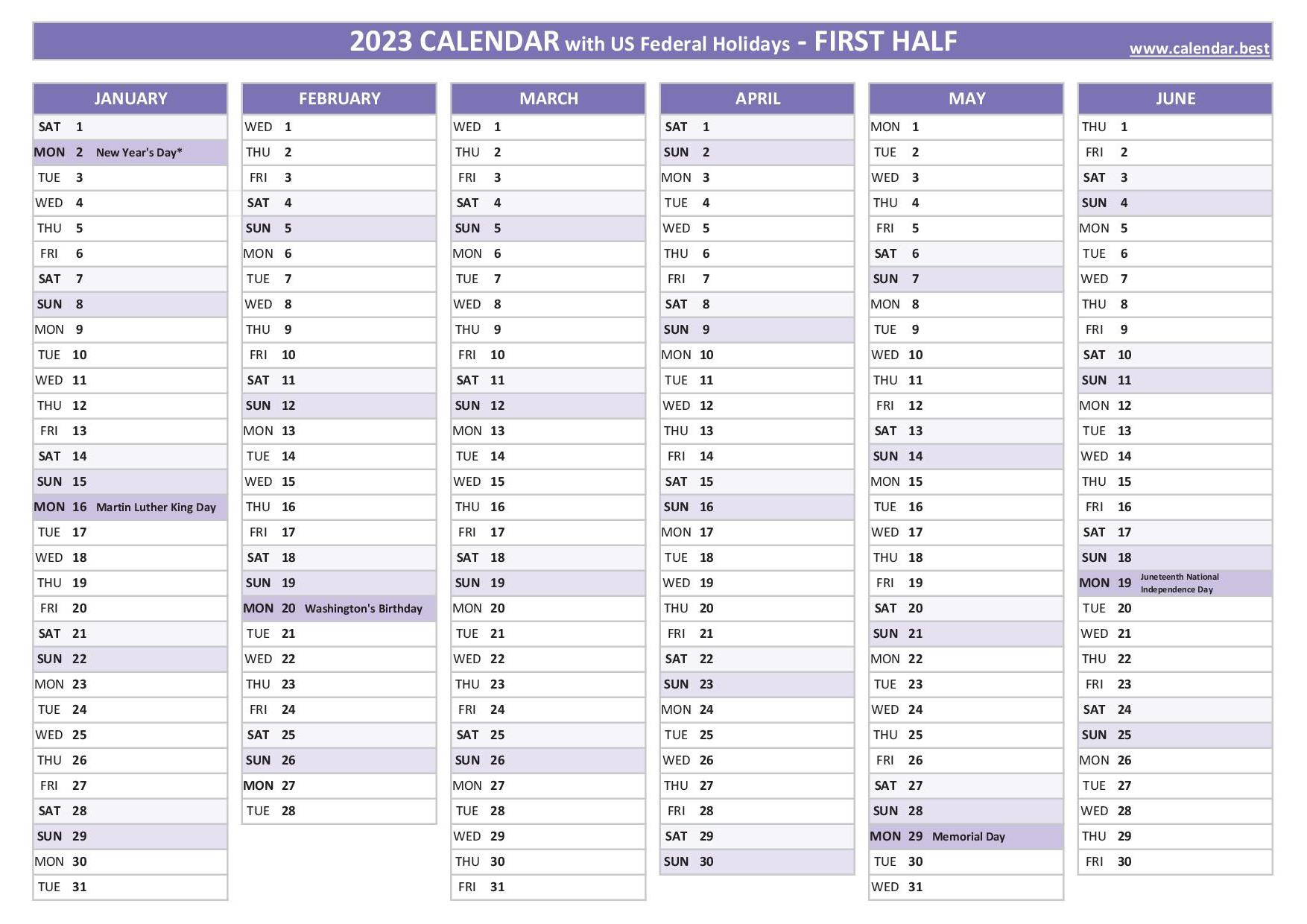 First half year calendar 2023 with holidays