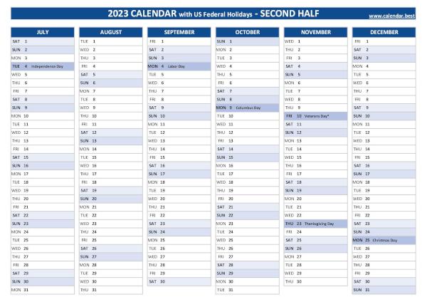 2nd half 2023 calendar with holidays to print, blue template Second half year calendar 2023 with holidays