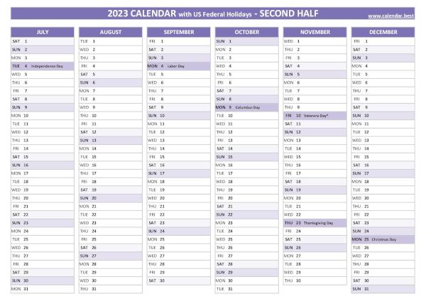 Second half year calendar 2023 with holidays