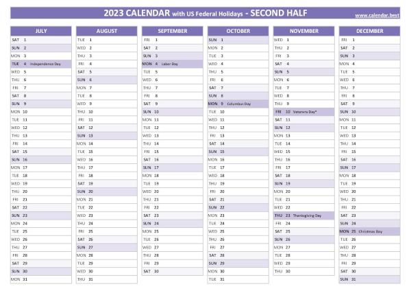 2nd half 2023 calendar with holidays to print, purple template Second half year calendar 2023 with holidays