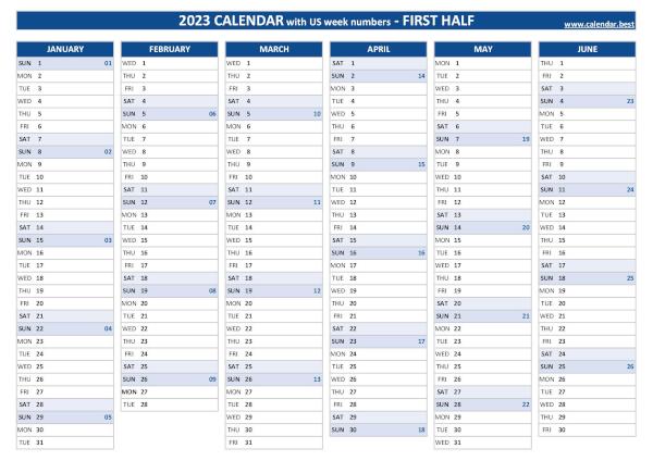 First half year calendar 2023 with week numbers
