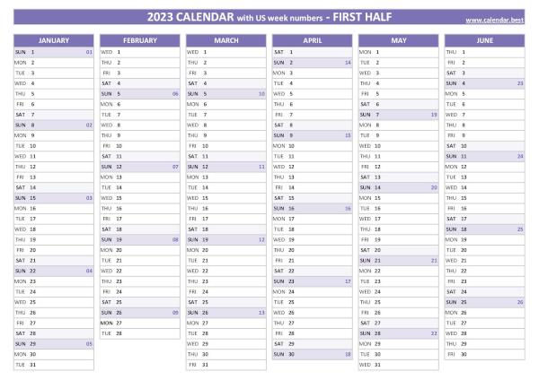 1st half 2023 calendar with week numbers to print, purple template First half year calendar 2023 with week numbers