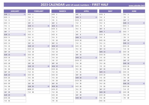 First half year calendar 2023 with week numbers