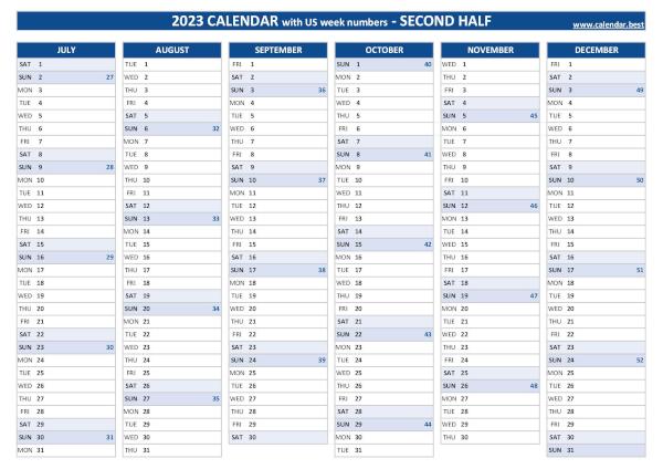 2nd half 2023 calendar with week numbers to print, blue template Second half year calendar 2023 with week numbers