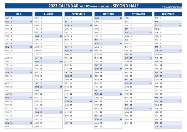 Second half year calendar 2023 with week numbers