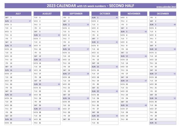 2nd half 2023 calendar with week numbers to print, purple template Second half year calendar 2023 with week numbers