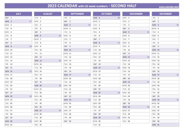 Second half year calendar 2023 with week numbers