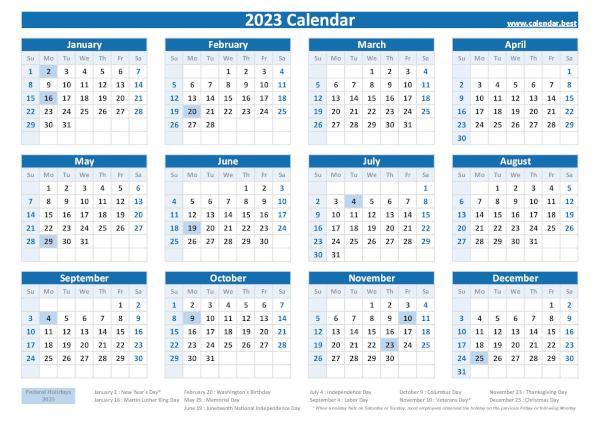 2023 calendar with holidays.