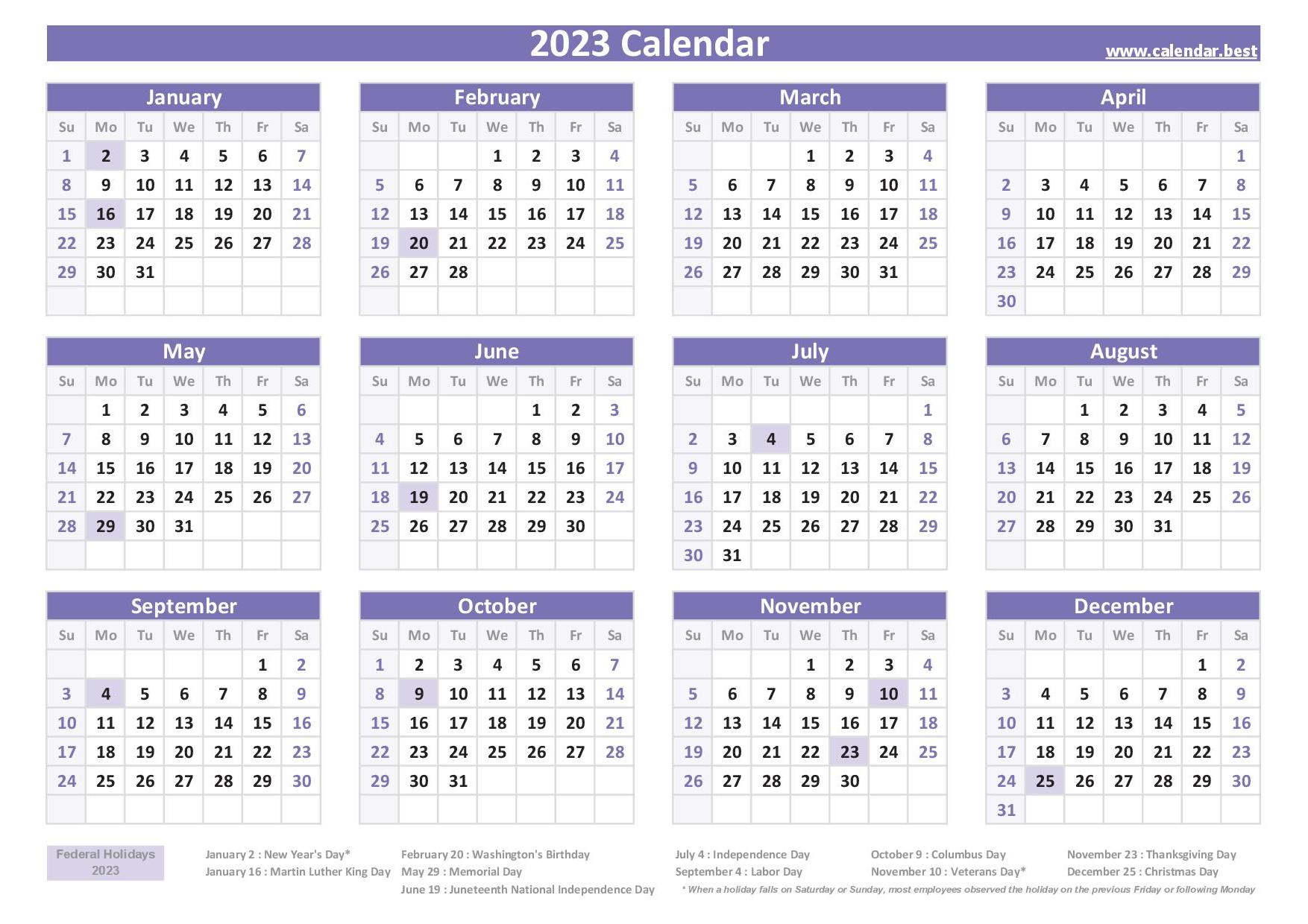 2023 Calendar With Holidays Us Federal Holidays