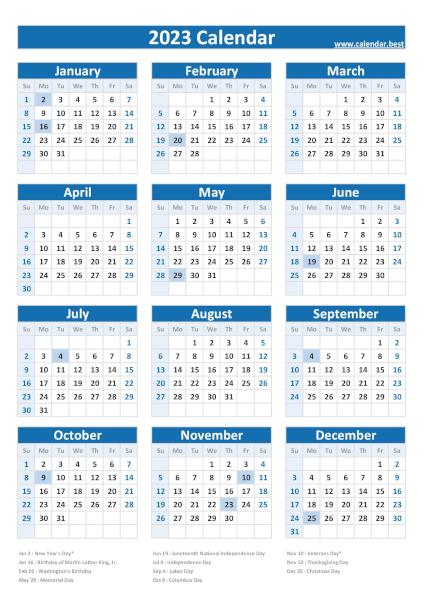 2023 calendar with holidays, blue template