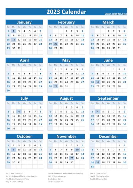 Printable 2023 calendar with holidays, free dowload in pdf or jpg, portrait format, blue template. 2023 calendar with holidays, blue template