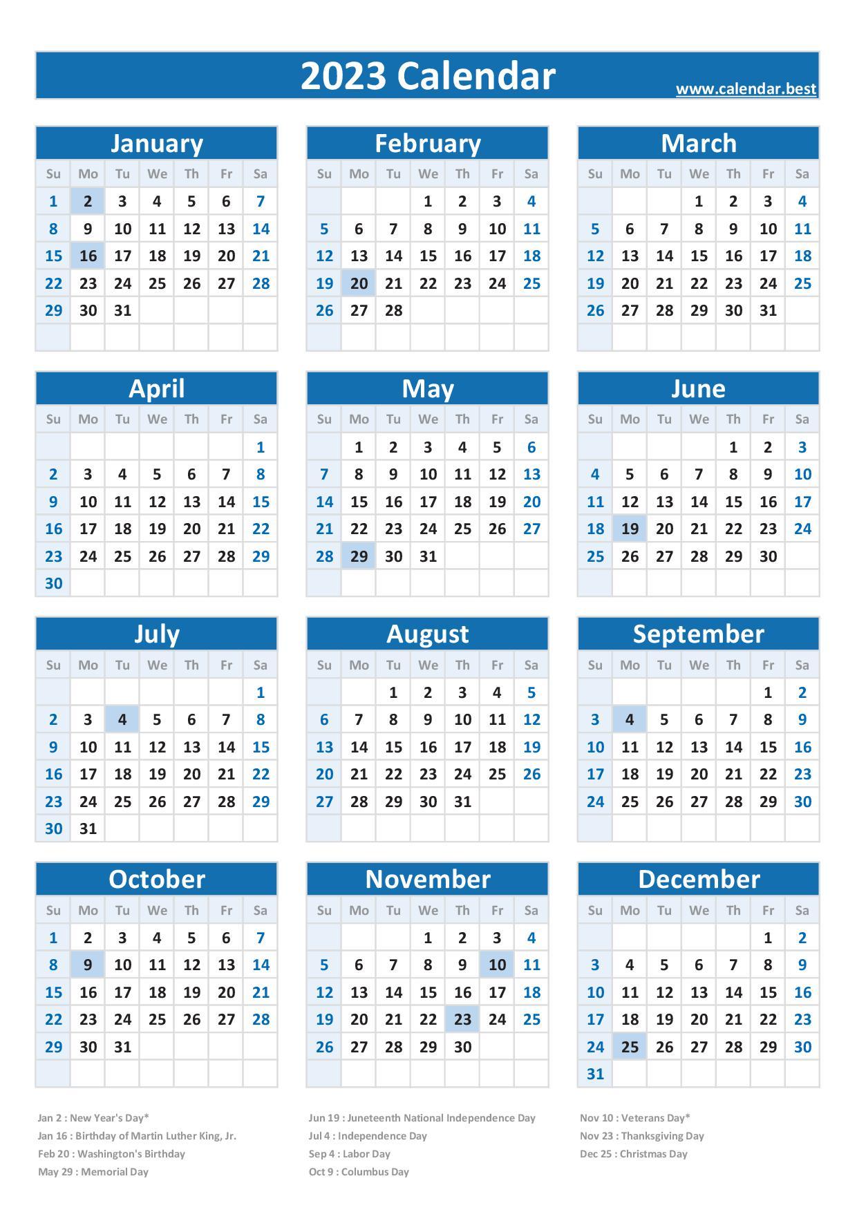 2023 Calendar With Holidays Us Federal Holidays