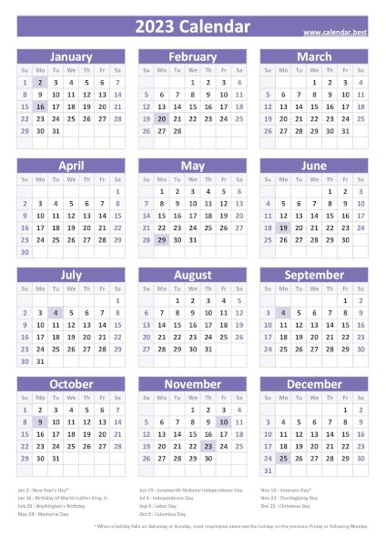 2023 calendar with holidays, purple template