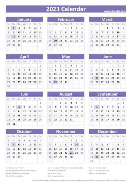 Printable 2023 calendar with holidays, free dowload in pdf or jpg, portrait format, purple template. 2023 calendar with holidays, purple template