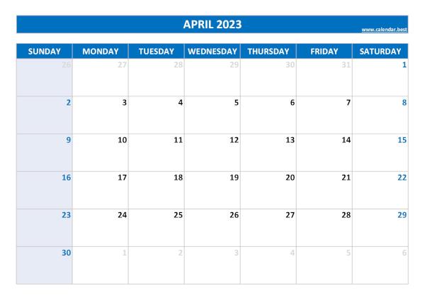 April 2023 printable calendar