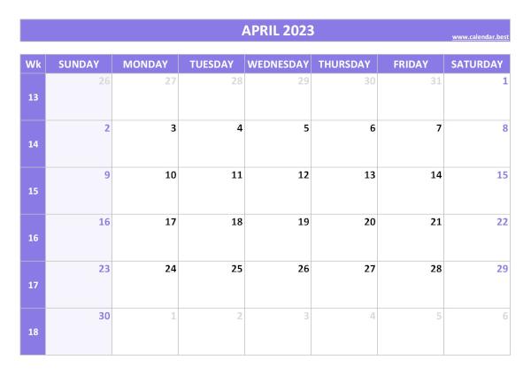 April calendar 2023 with week numbers