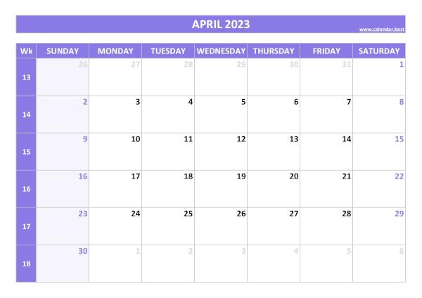 April calendar 2023 with week numbers