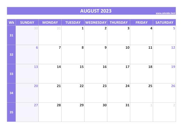 August calendar 2023 with week numbers