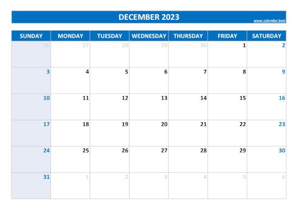 December 2023 calendar printable, free download, blue template December calendar 2023