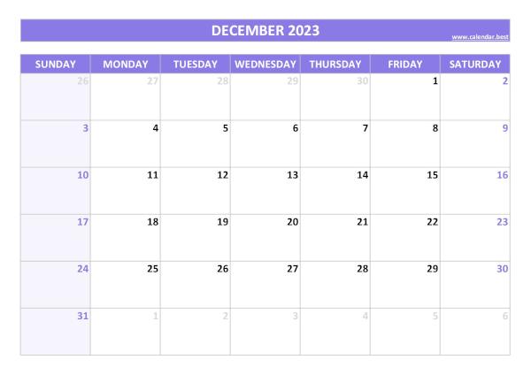 Blank monthly calendar : December 2023