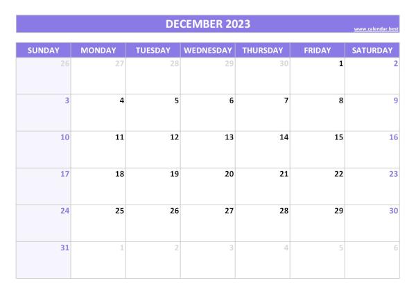 Monthly calendar printable, December 2023, purple template Blank monthly calendar : December 2023