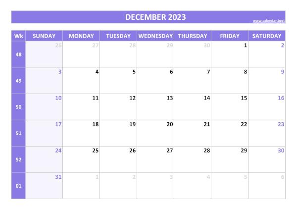 December calendar 2023 with week numbers