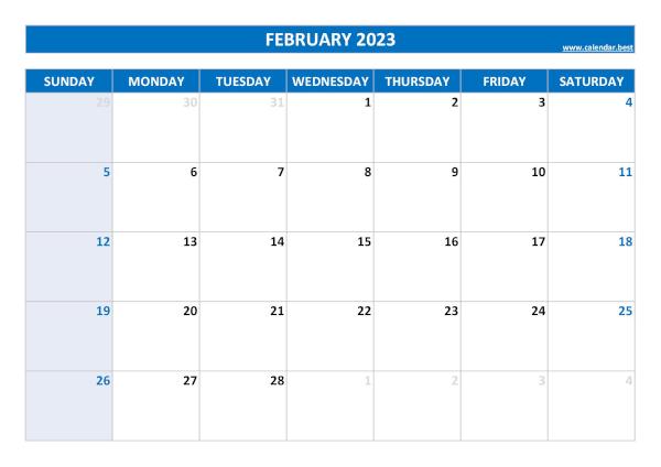 February 2023 printable calendar