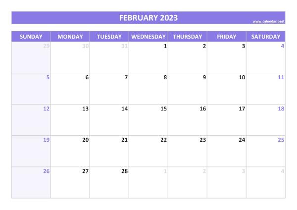February 2023 calendar printable, free download, purple template February calendar 2023