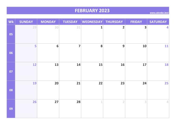 February 2023 calendar printable with week numbers, free download, purple template February calendar 2023 with week numbers