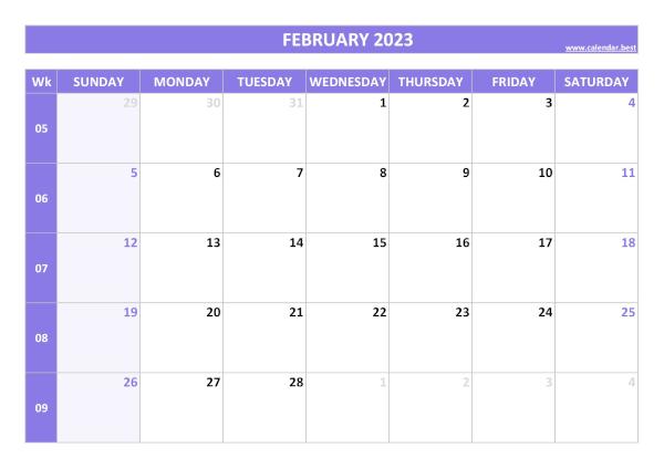 February calendar 2023 with week numbers