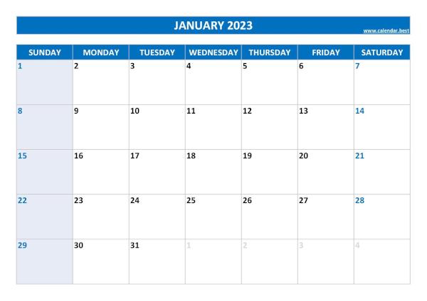 Monthly calendar  : January 2023