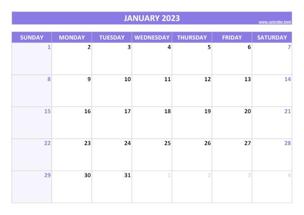 January 2023 calendar printable, free download, purple template January calendar 2023