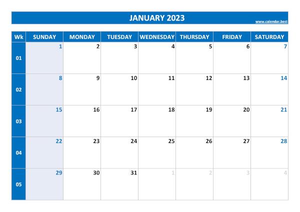 January 2023 calendar printable with week numbers, free download, blue template January calendar 2023 with week numbers