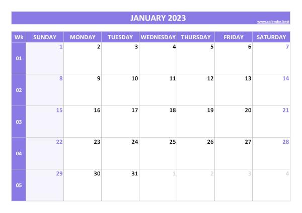 January calendar 2023 with week numbers