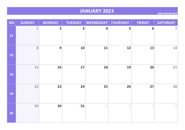 January 2023 calendar printable with week numbers, free download, purple template January calendar 2023 with week numbers
