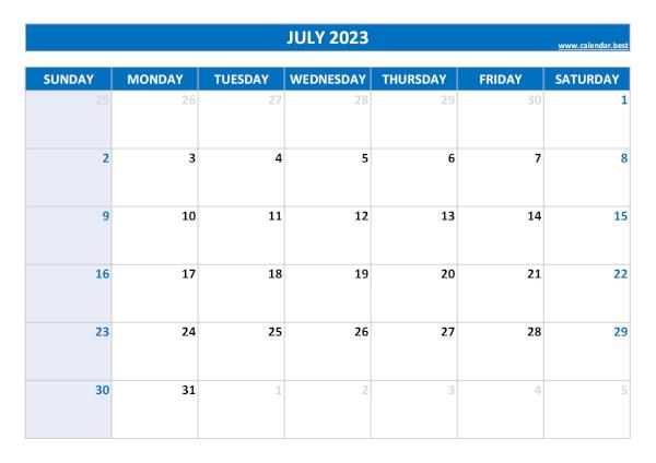 Blank monthly calendar : July 2023